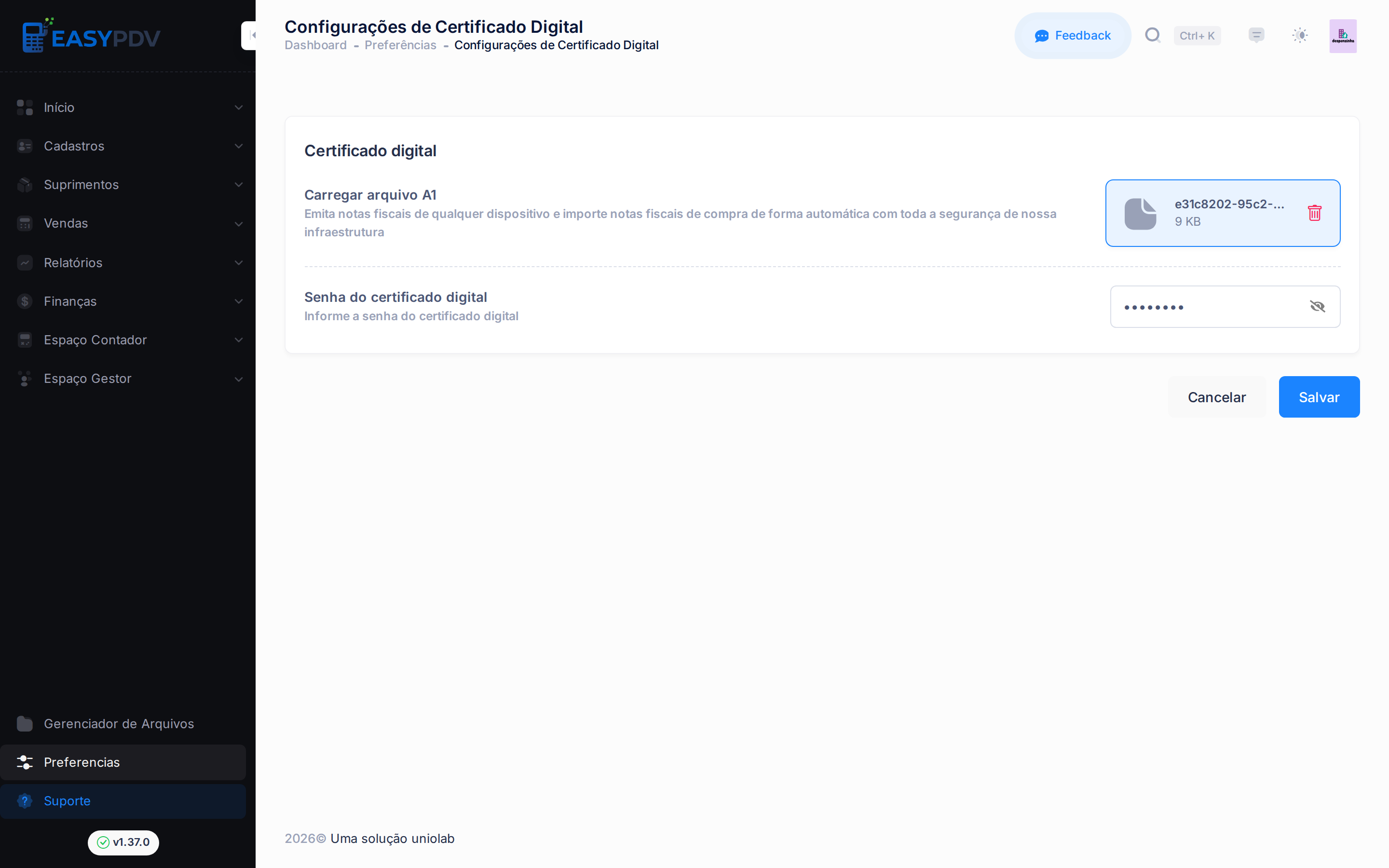 Página de configurações do certificado digital com upload do arquivo e senha