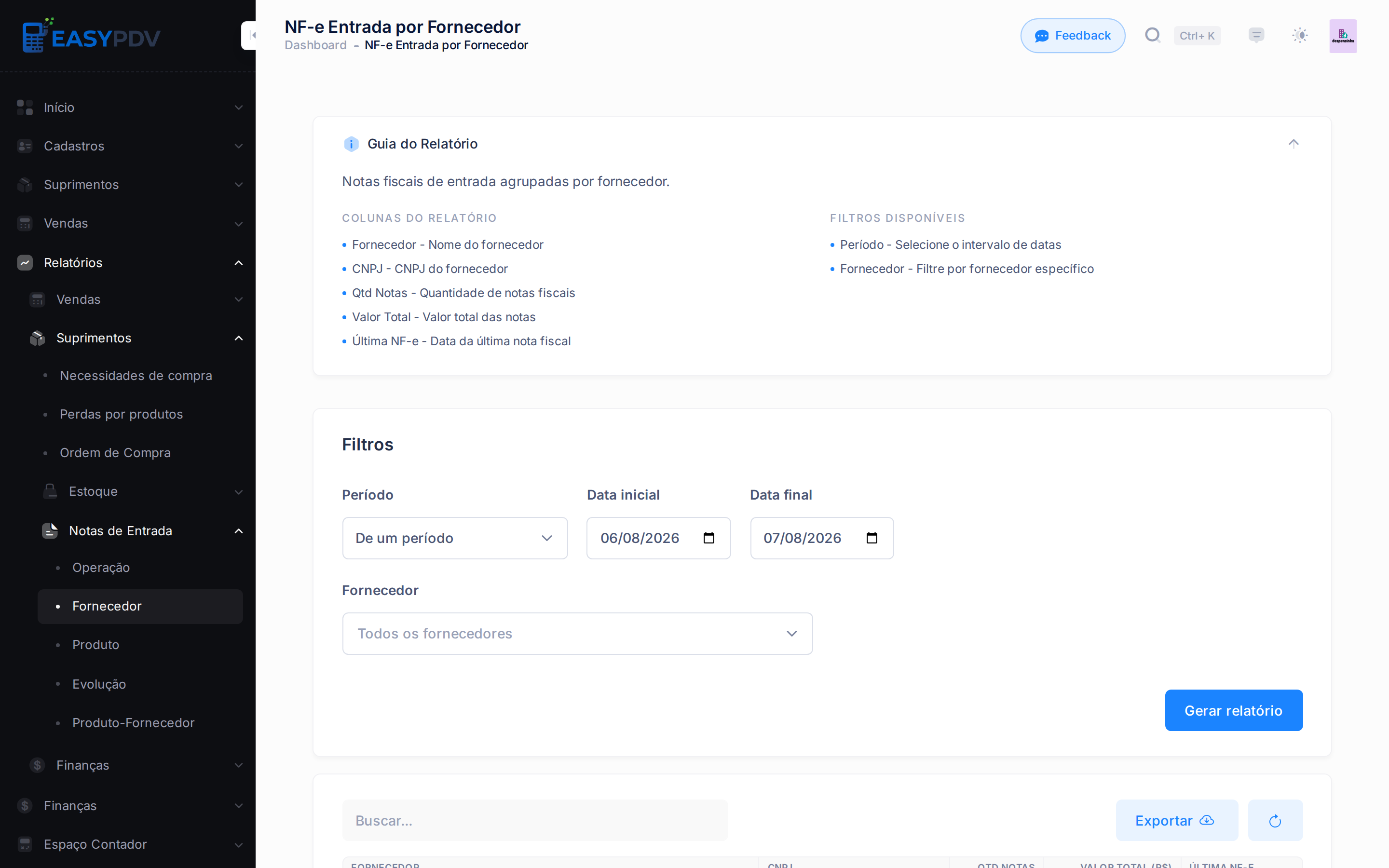 Tela do relatório de Notas de Entrada por Fornecedor com o guia e a barra de filtros