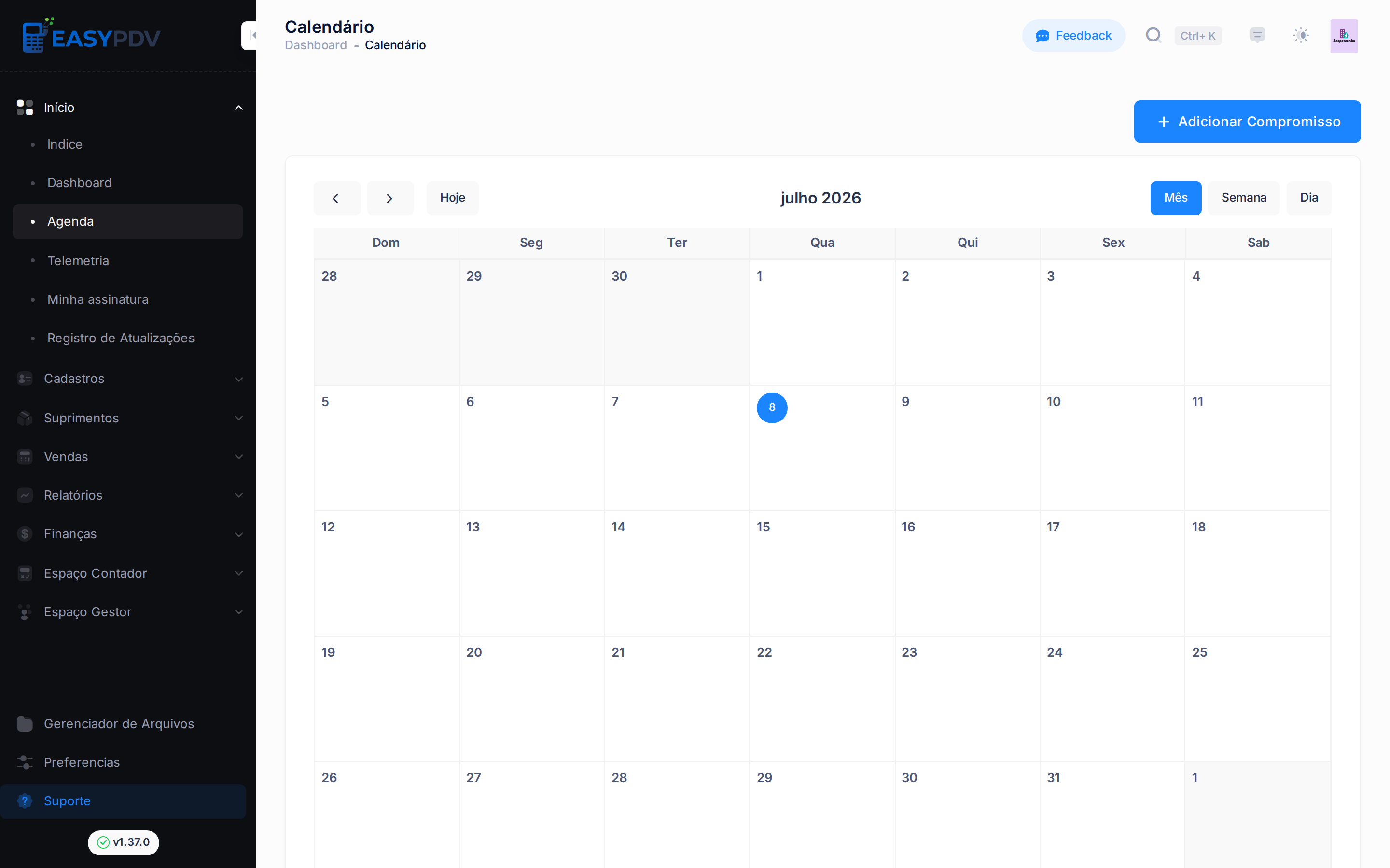 Calendário da Agenda na visão de mês, com o dia atual destacado