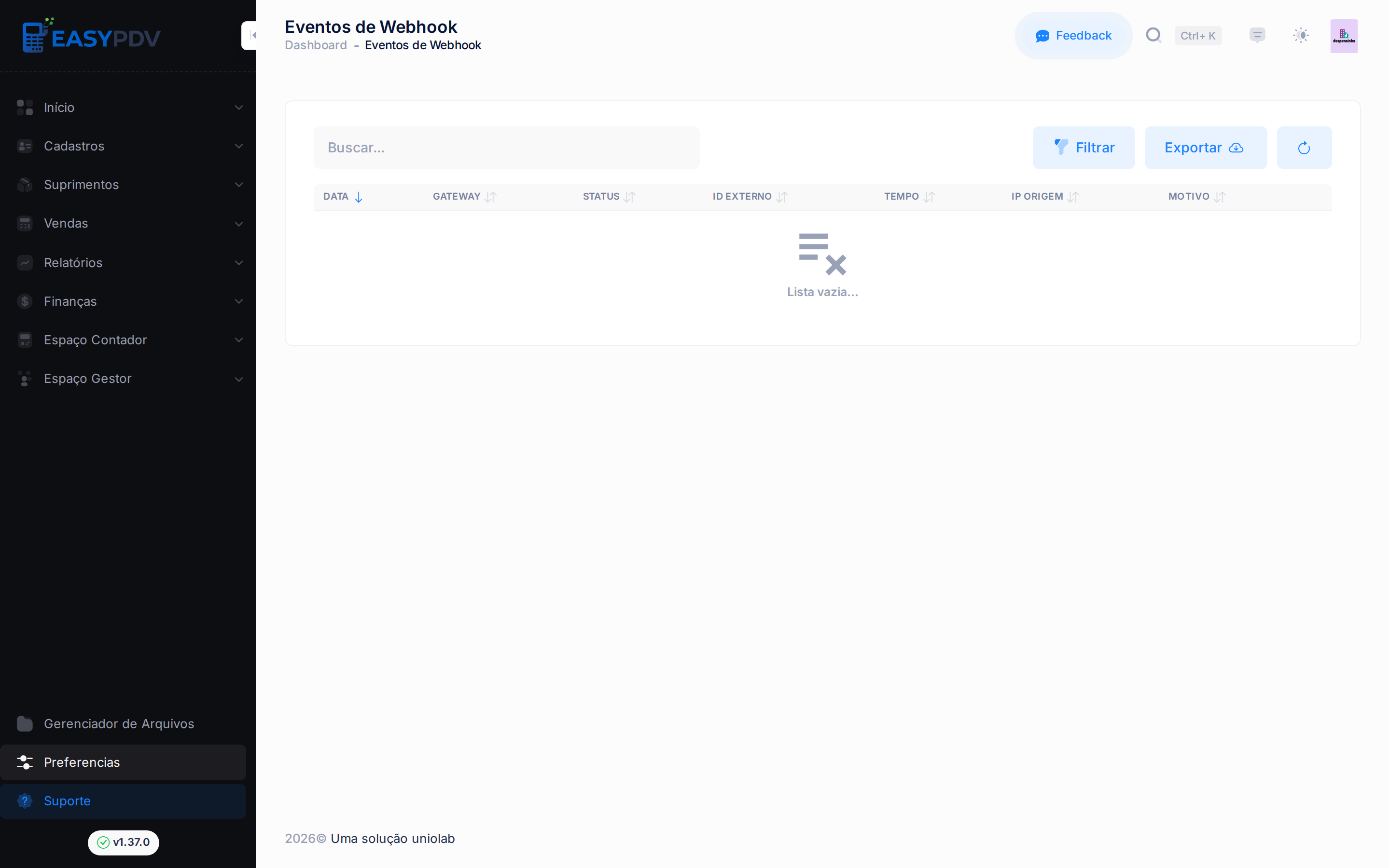 Tela de Eventos de webhook, com a busca e as colunas do log