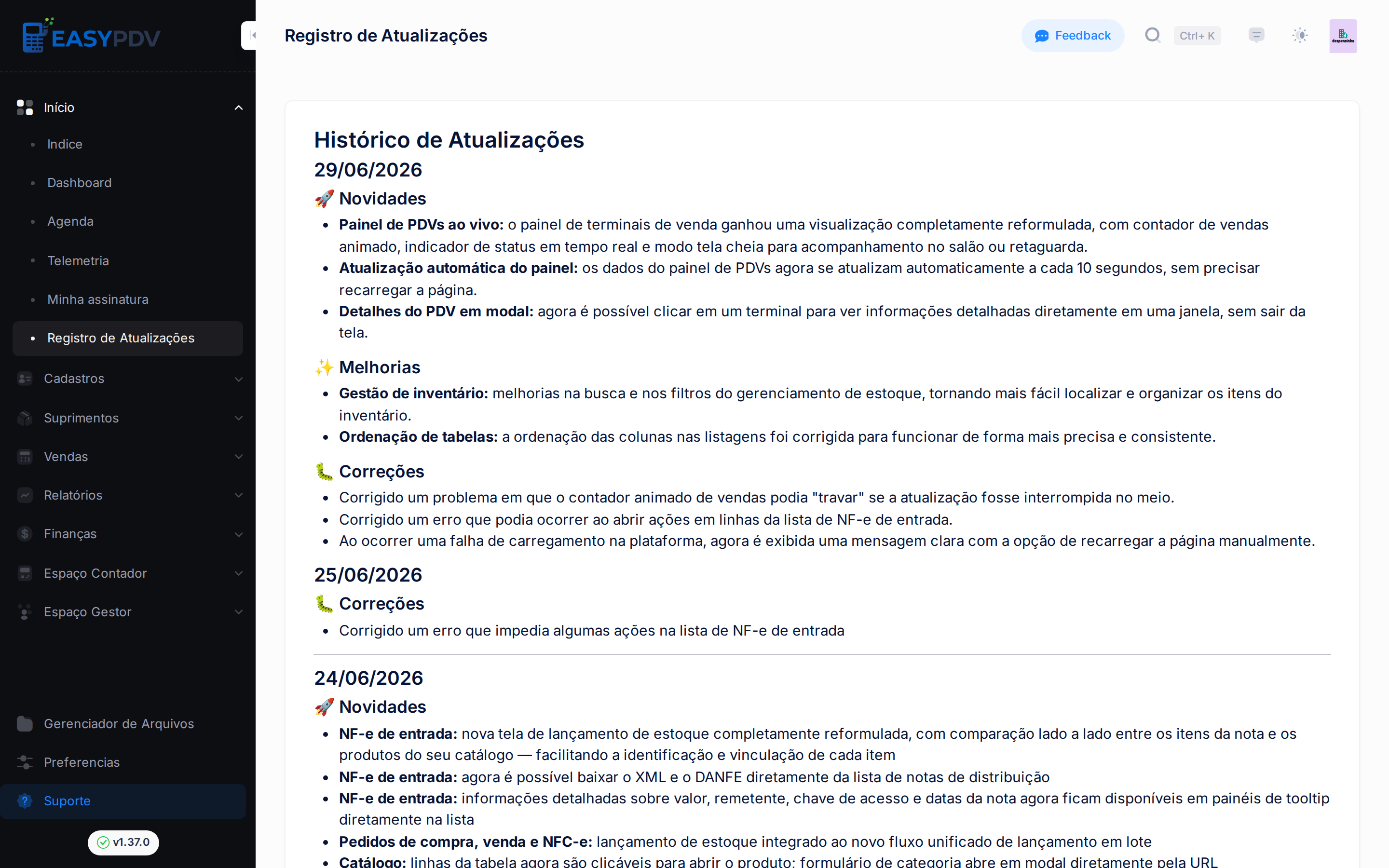 Registro de Atualizações com o histórico de mudanças por data