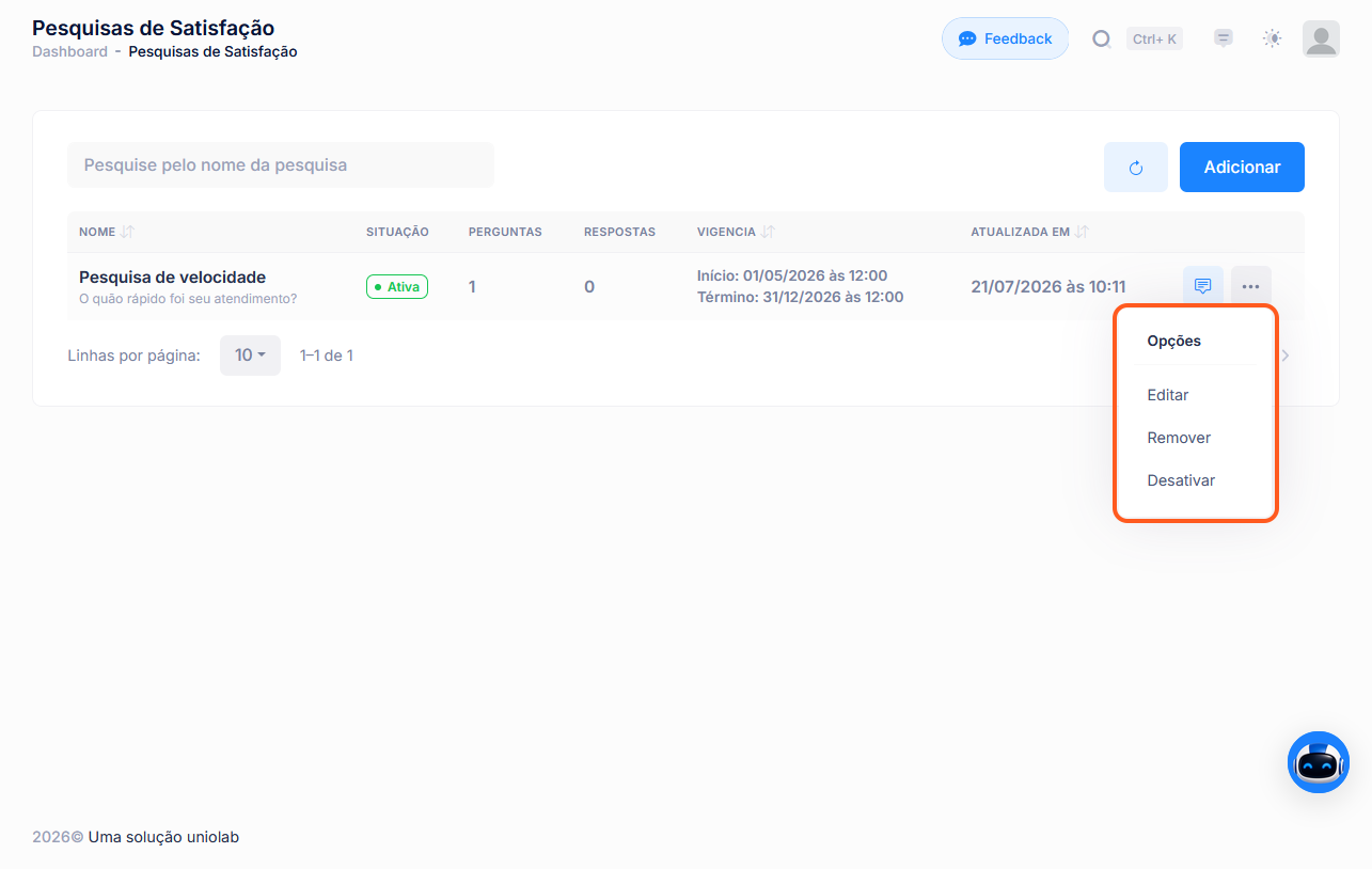 Menu de opções de uma pesquisa de satisfação, com os itens numerados