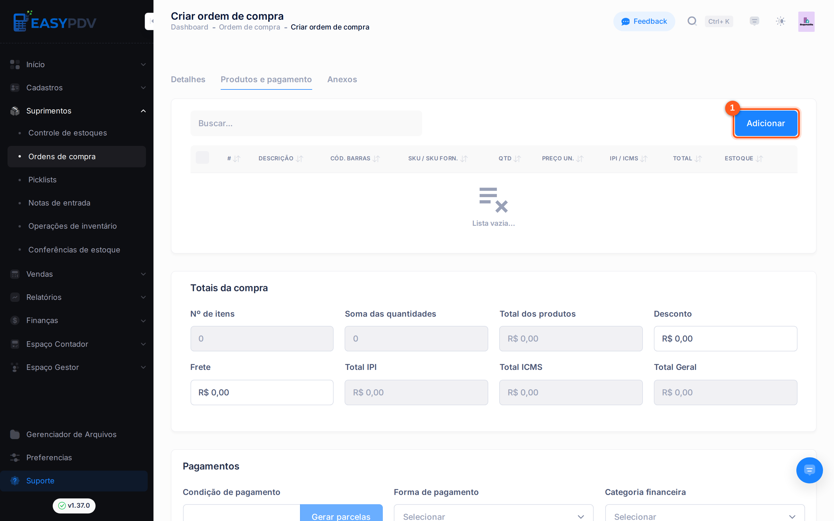 Aba Produtos e pagamento com o botão Adicionar item