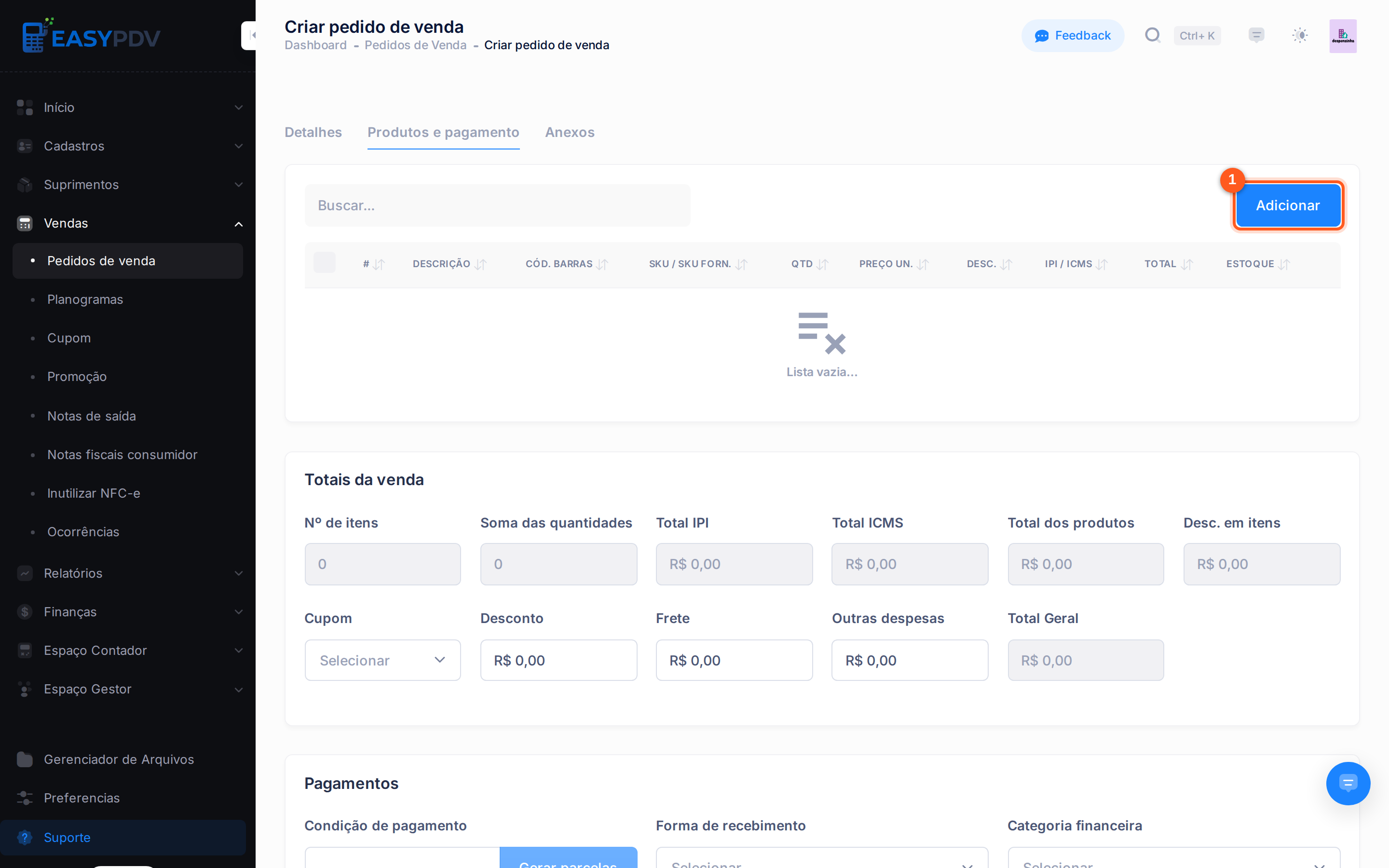 Aba Produtos e pagamento, com o botão de adicionar item e os totais