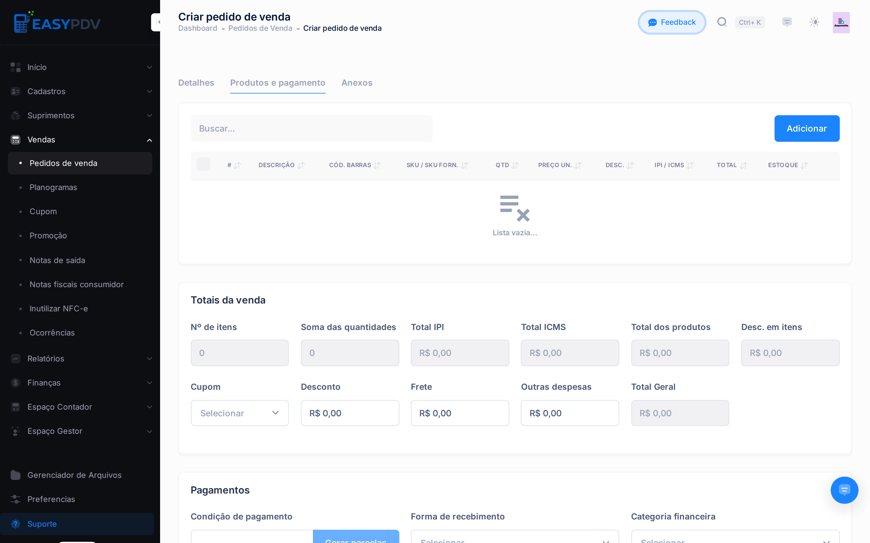 Bloco de pagamentos com Condição de pagamento, Gerar parcelas, Forma de recebimento e Parcelas