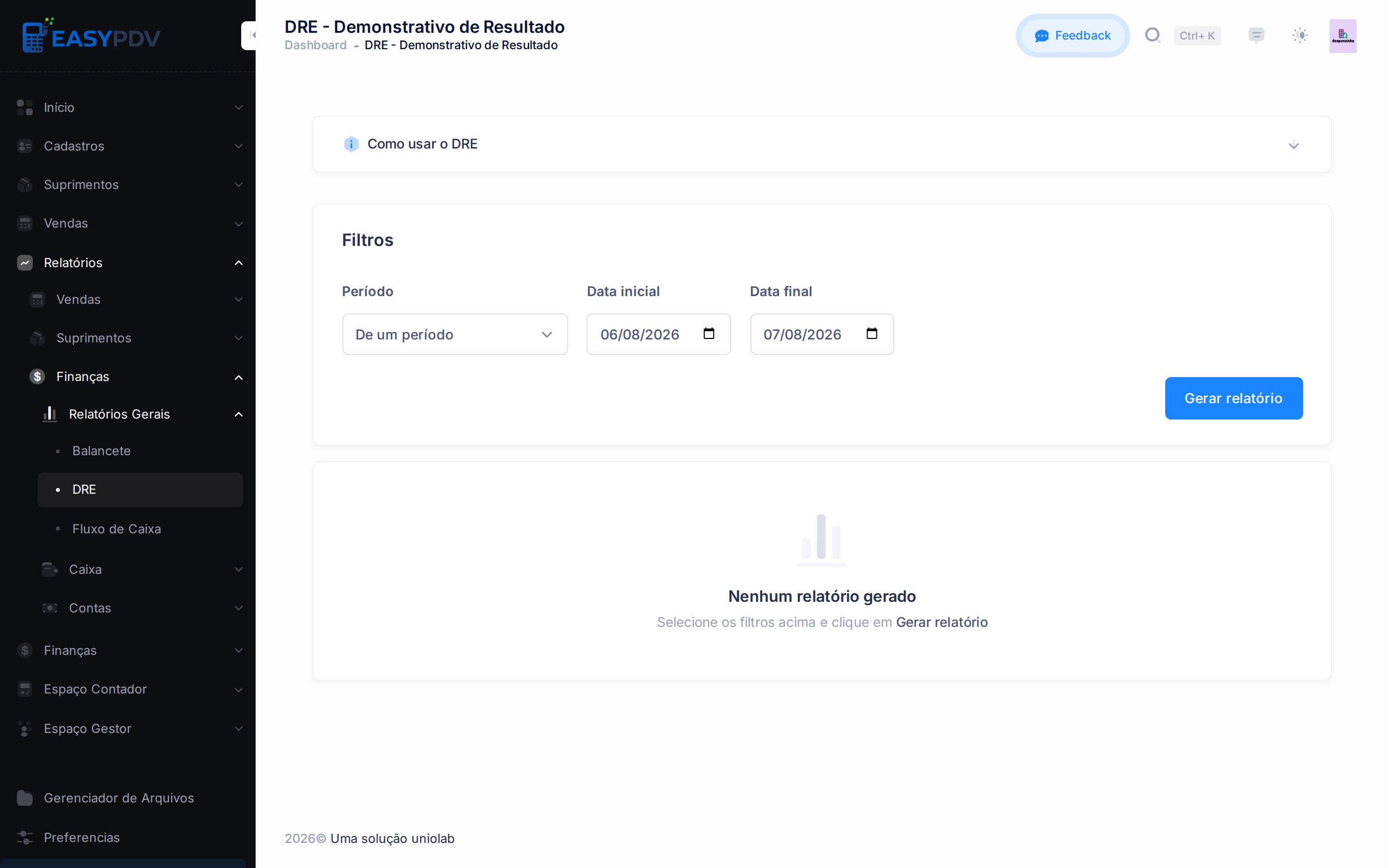 Tabela do DRE com receitas, custos e despesas por categoria e o percentual sobre a receita